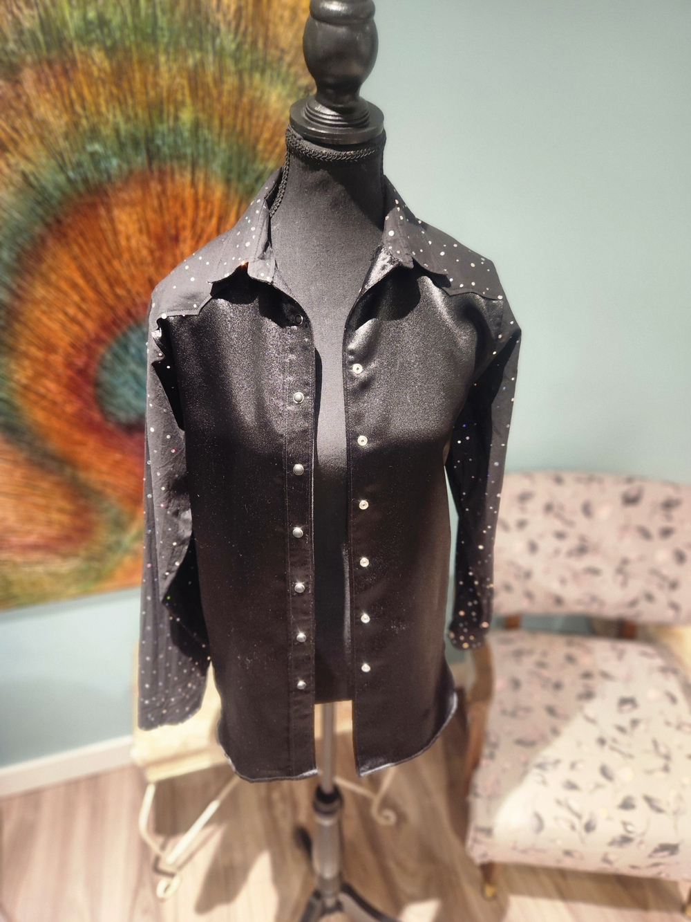 Black Satin Button-Up Shirt with Sparkle Dot Sleeves
